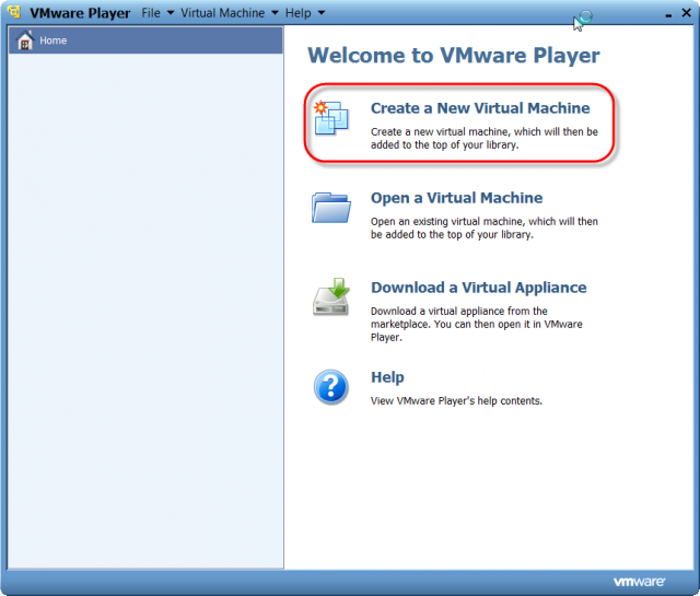 Vytvorenie novej VM cez VMware Player