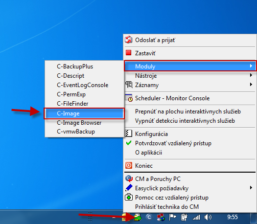 Spustenie C-Image pre obnovu záloh cez Tray menu C-Monitor ikonky