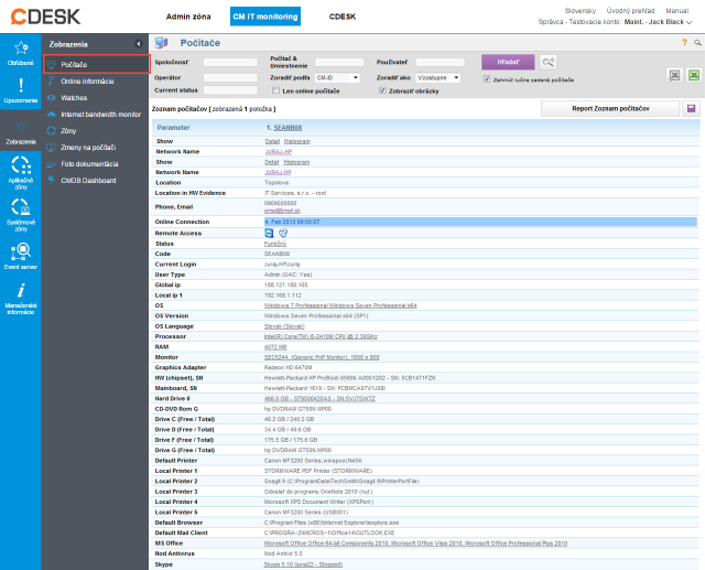 Detail počítača so základnými informáciami o HW, kontaktom na používateľa a možnosťou vzdialeného pripojenia
