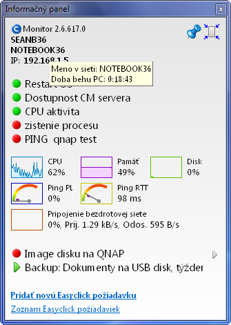Každý údaj má hint, príklad uptime počítača v hinte k sieťovému menu PC.
