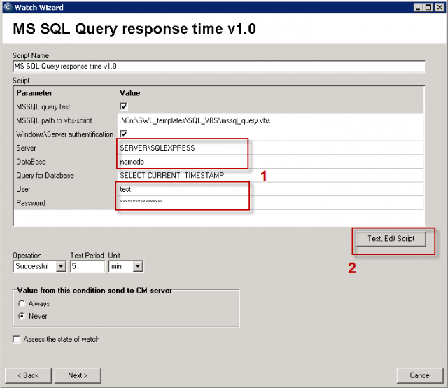 Políčka pre zadanie názvu SQL servera, názvu databázy, prístupových údajov.  Pokračujte pretestovaním skriptu a zadaných údajov