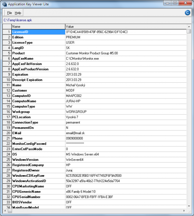 Ukážka z programu APKLite.exe k čítaniu licenčného súboru s nastaveniami license.apk Ukážka z programu APKLite.exe k čítaniu licenčného súboru s nastaveniami license.apk