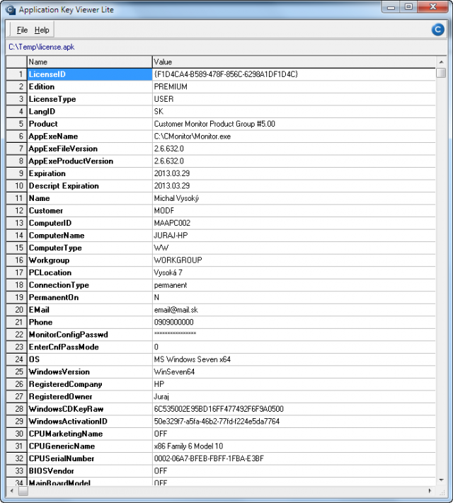 Ukážka z programu APKLite.exe k čítaniu licenčného súboru s nastaveniami license.apk