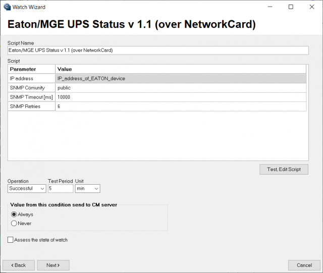 Vstupné údaje k nastaveniu watchu Eaton UPS/MGE UPS Status