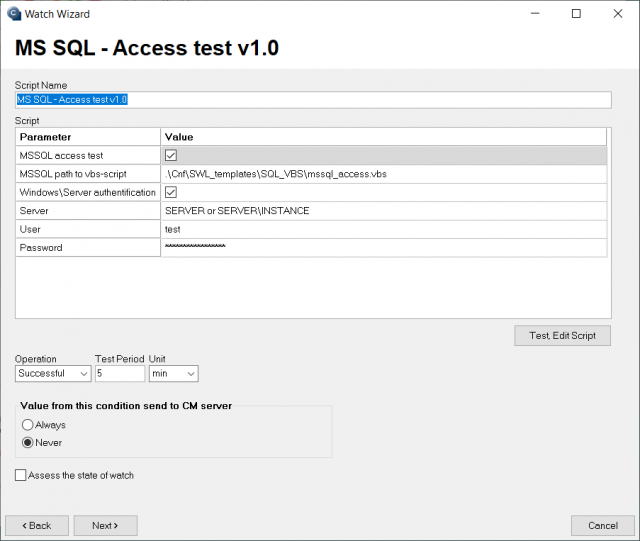 Vstupné údaje k nastaveniu watchu MS SQL – Access test