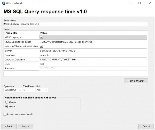 Vstupné údaje k nastaveniu watchu z MS SQL Query response time