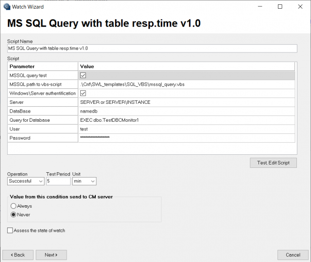 Vstupné údaje k nastaveniu watchu z MS SQL Query with table response time