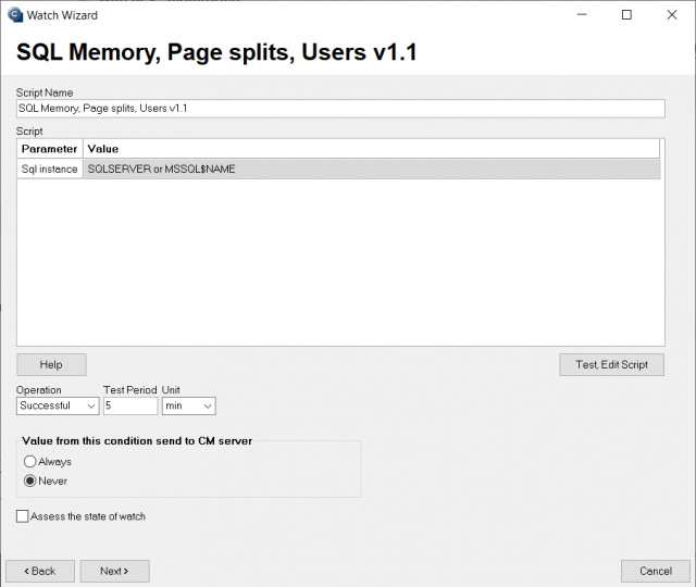 Vstupné údaje k nastaveniu watchu z SQL Memory, Page splits, Users