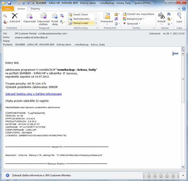 Email o neúspešnom VMware zálohovaní vygenerovaný všetkým zainteresovaným osobám 