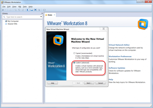 VMware Workstation - začiatok vytvárania virtuálnej mašiny zo skonvertovanej zálohy C-Image
