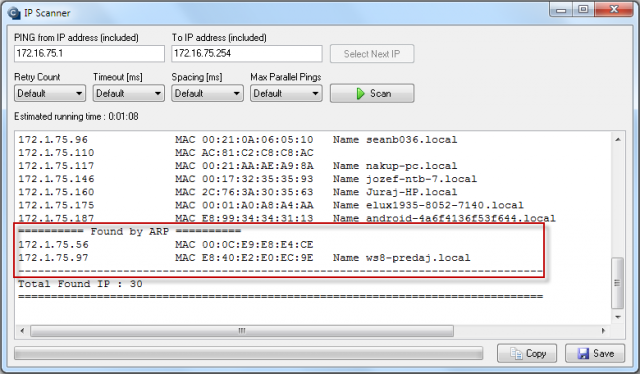 Príklad výstupu z IP scannera s nájdenými IP adresami cez ARP