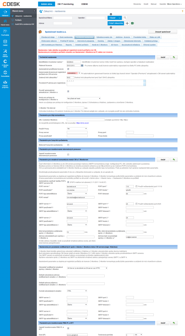 Zobrazenie počiatočných nastavení C-Monitor klienta po registrácií, ktoré sa nachádzajú v nastavení zákazníka v záložke Technické nastavenia