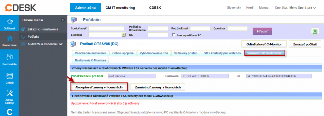 Po prihlásení na CM server kliknete na tlačidlo akceptovať zmeny v licenciách čím sa automaticky vygeneruje licencia pre VMware zálohovanie  